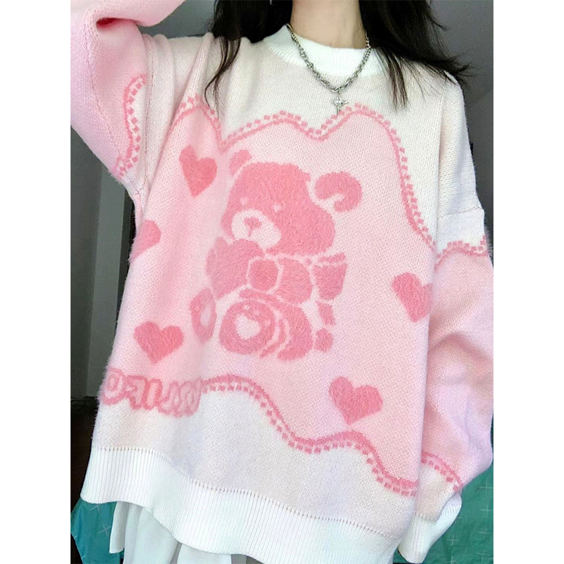 2022 Harajuku Cartoon Bear Pink Heart Embroidery Sweater Thicken Winter Tops Y2k Clothes Oversized Knitted Pullover Kawaii Girls alx