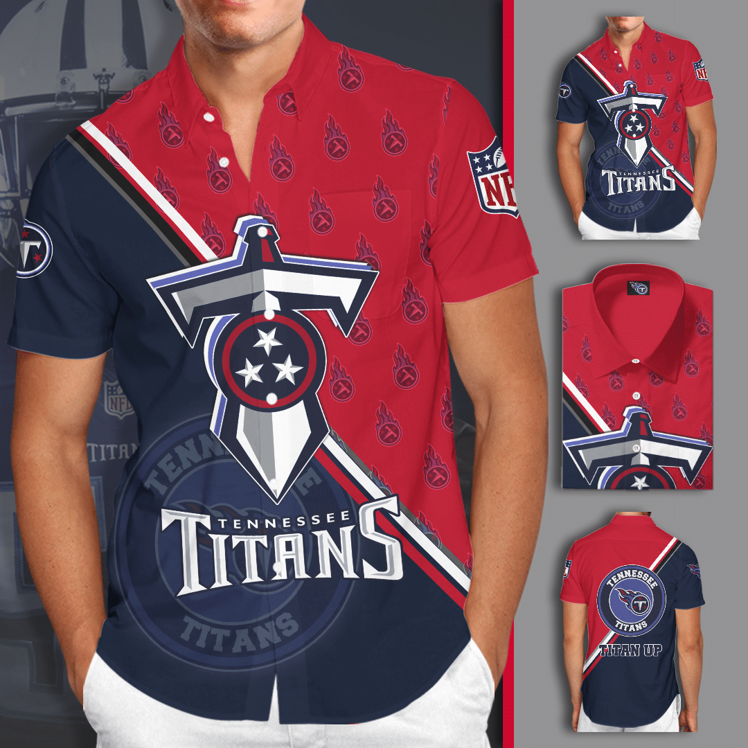 Tennessee Titans Logo All Over Print 3D Short Sleeve Dress Shirt Hawaiian Summer Aloha Beach Shirt – Navy Red