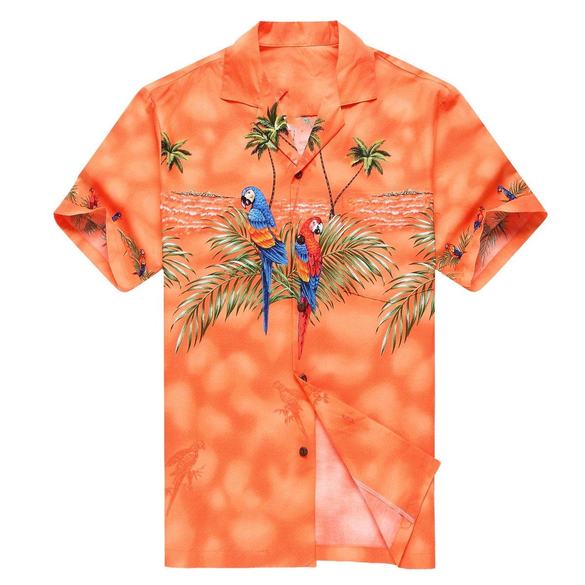 Men's Aloha Shirt Orange with Matching Front Parrots - Pinotee Store