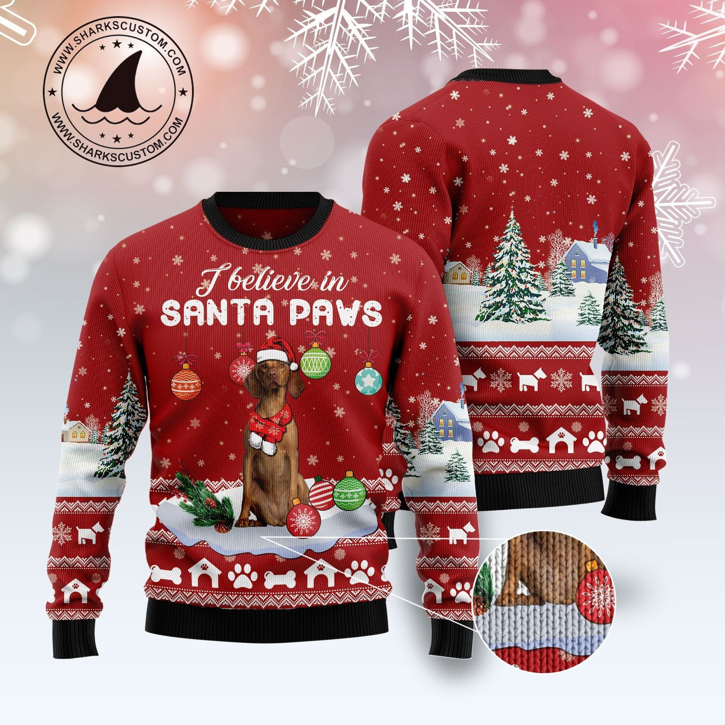 Vizsla I Believe In Santa Paws Unisex 3D Ugly Christmas Sweater All Over Print Omcbc