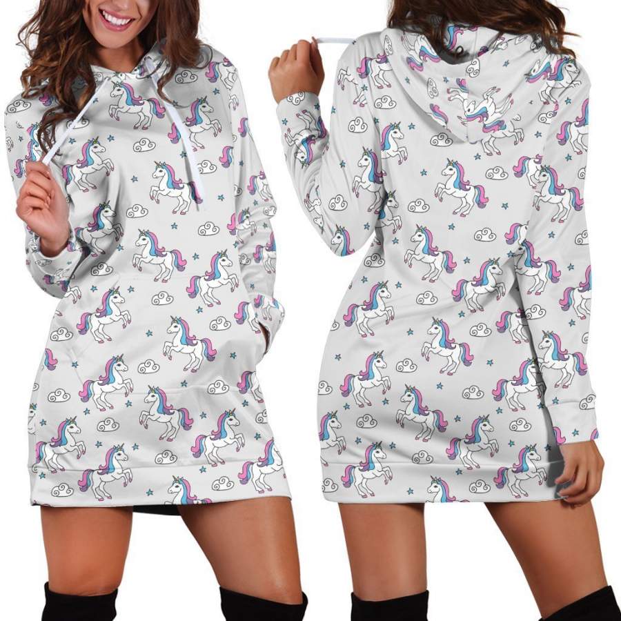 3D All Over Cute Unicorn And Rainbow Hoodie Dress