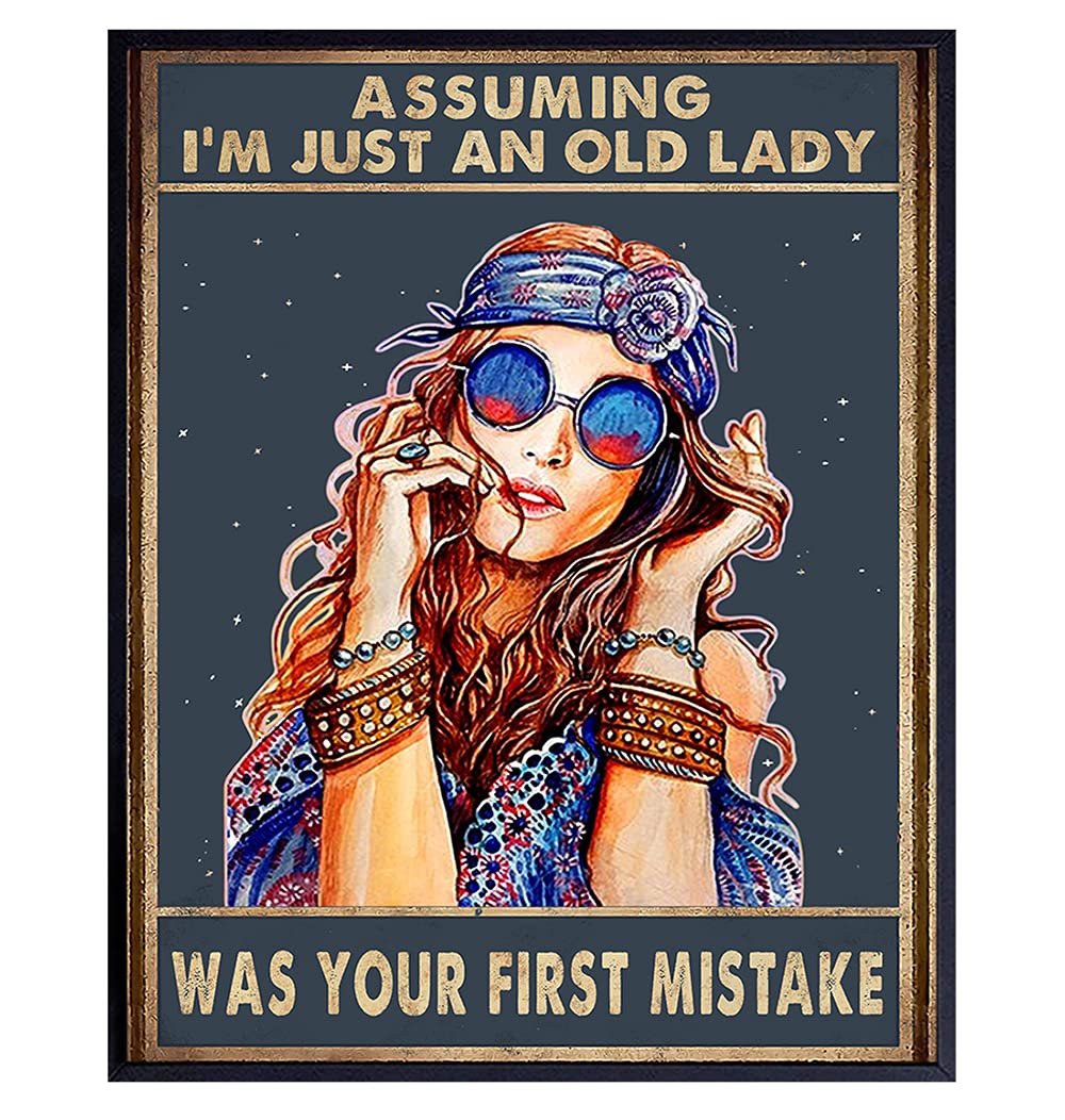 Hippie Girl Canvas Wall Art – Assuming I’M Just An Old Lady – Boho Hippie Room Decor – Bohemian Room Decor – Funny Birthday Decorations Wall Art Poster