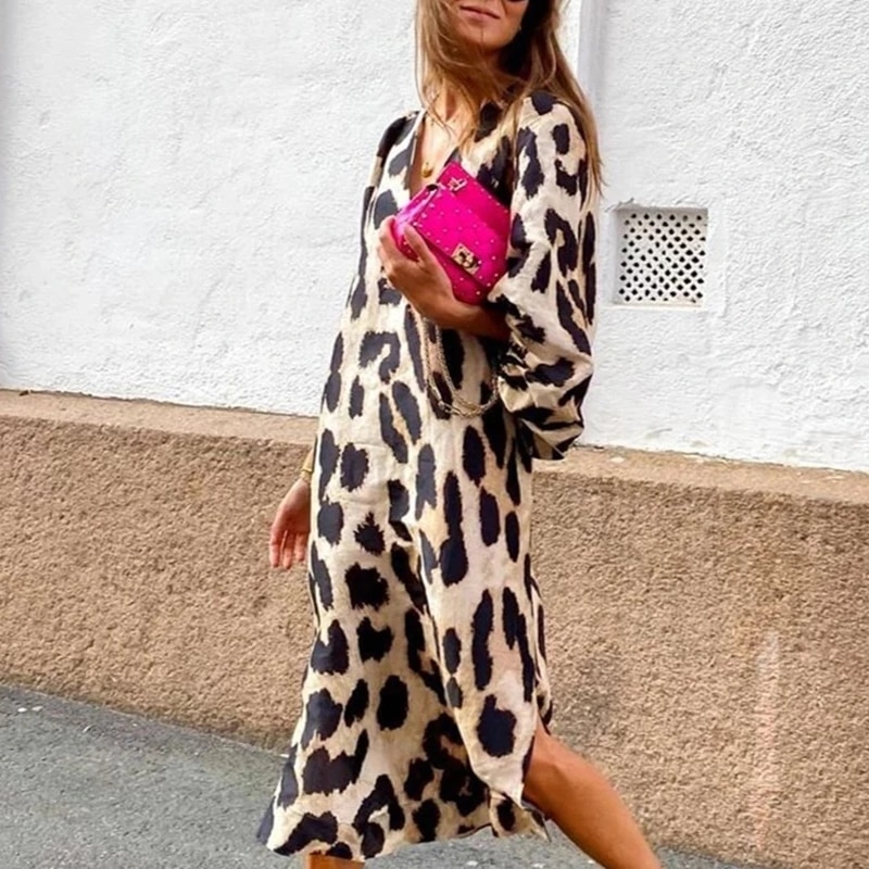 Women’s traf za Sexy Leopard Print V Neck Long Dresses Casual Fashion Lantern Long sleeves Dresses Loose Elegant Party Dress alx