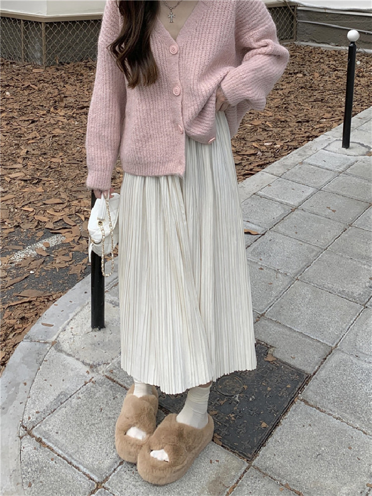 Vintage Fall Winter 2 Two Piece Set Womens Outfits Long Sleeve Sweater Knitted Cardigans + High Waist Pleated Skirt Sets alx