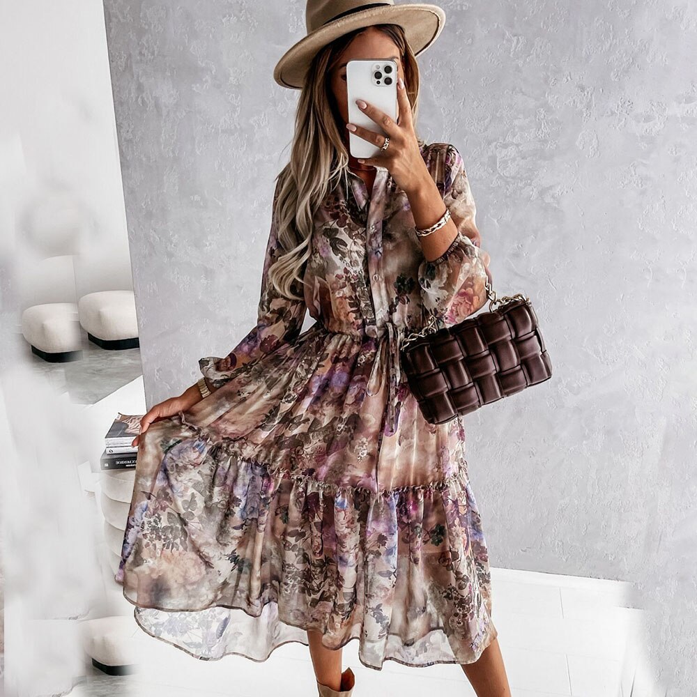 Boho Floral Print Midi Dress Women 2021 Autumn Casual V Neck Long Sleeve Big Hem Elegant Lace-up Ruffles Single Breasted Dresses alx