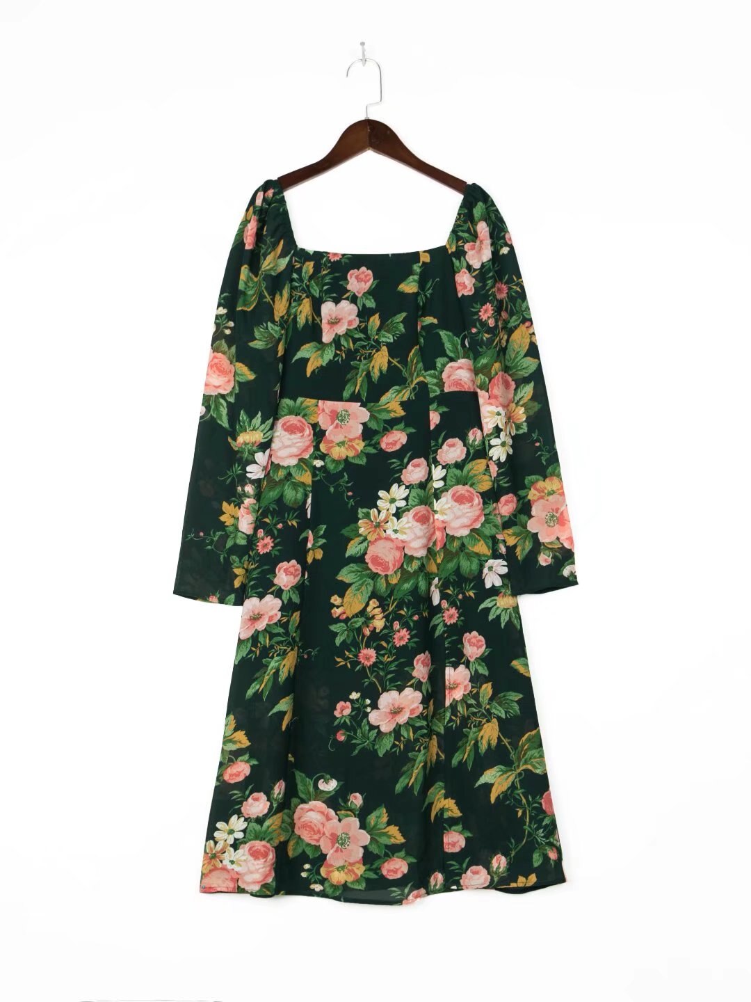 2022 Spring Floral Print Green French Dress Long Sleeve Ladies Slim Split Midi Dress For Women Vestidos alx