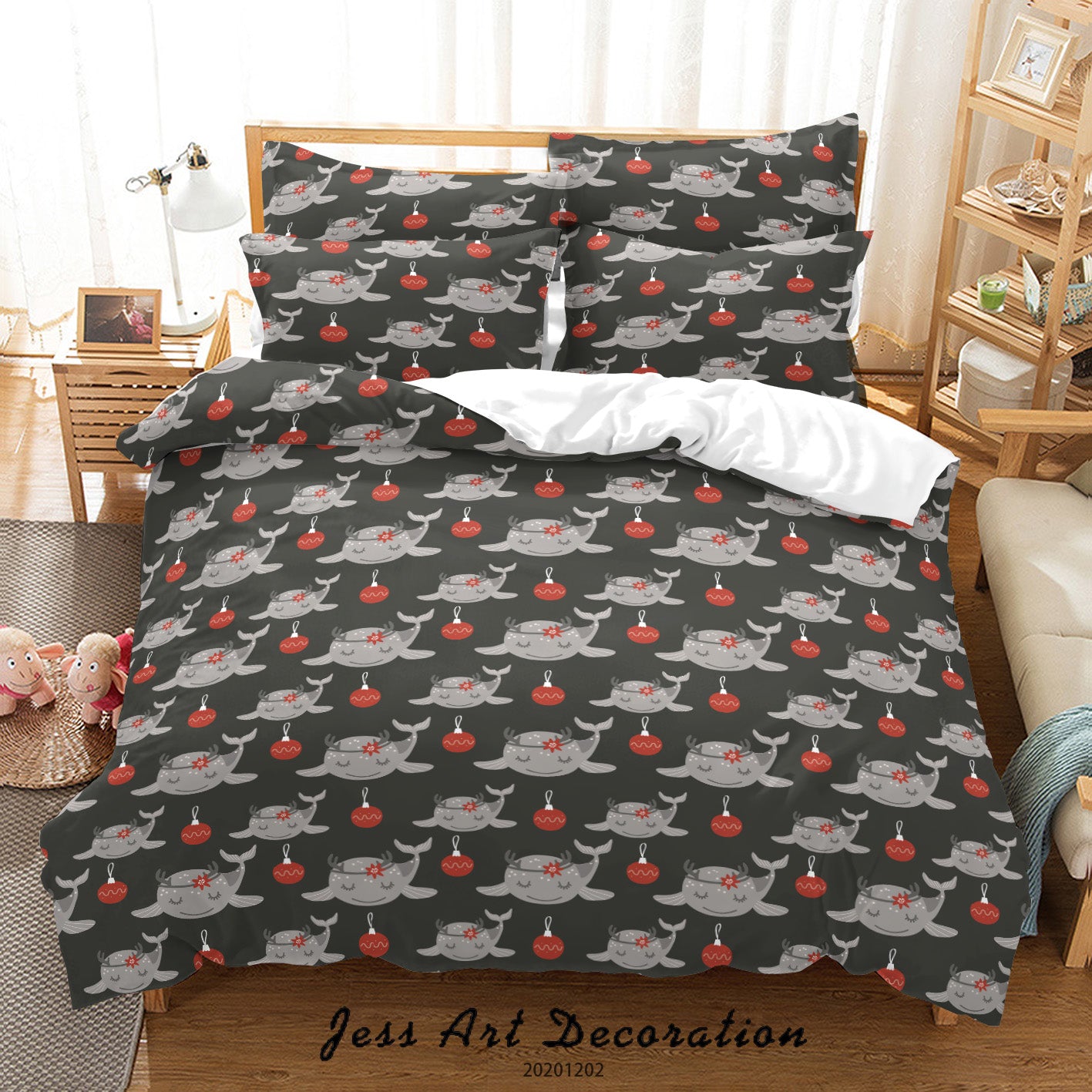 3D Hand Drawn Cartoon Grey Whale Fish Pattern Quilt Cover Set Bedding Set Duvet Cover Pillowcases Lxl