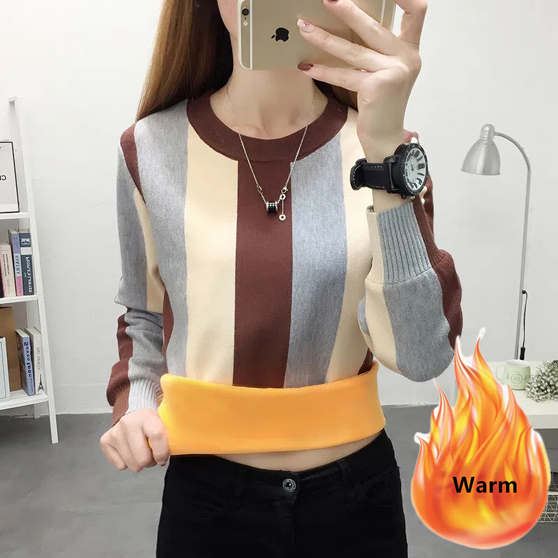 Winter Women’s O-neck Plus Velvet Thicken Striped Patchwork Sweater Loose Warm Oversized 4xl Knitted Tops Korean Casual Pullover alx