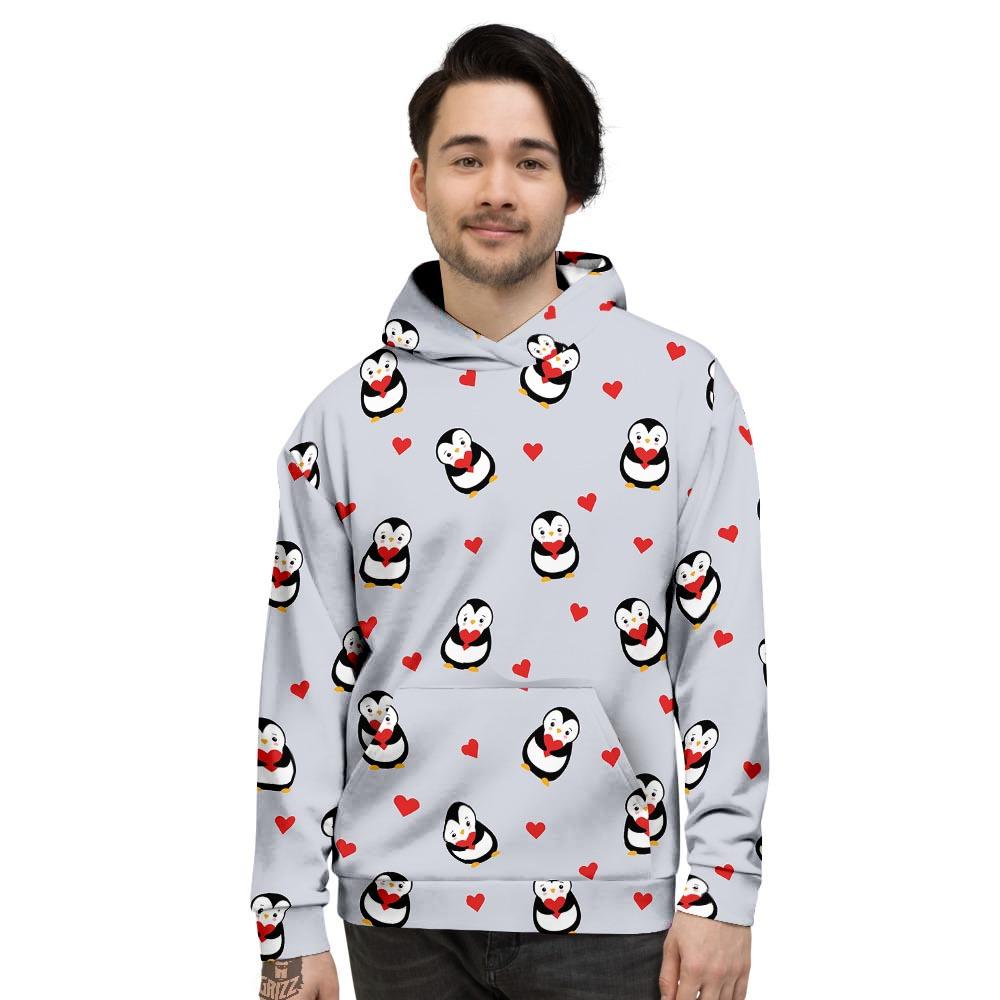 Penguin And Red Heart Print Pattern Men’S Hoodie