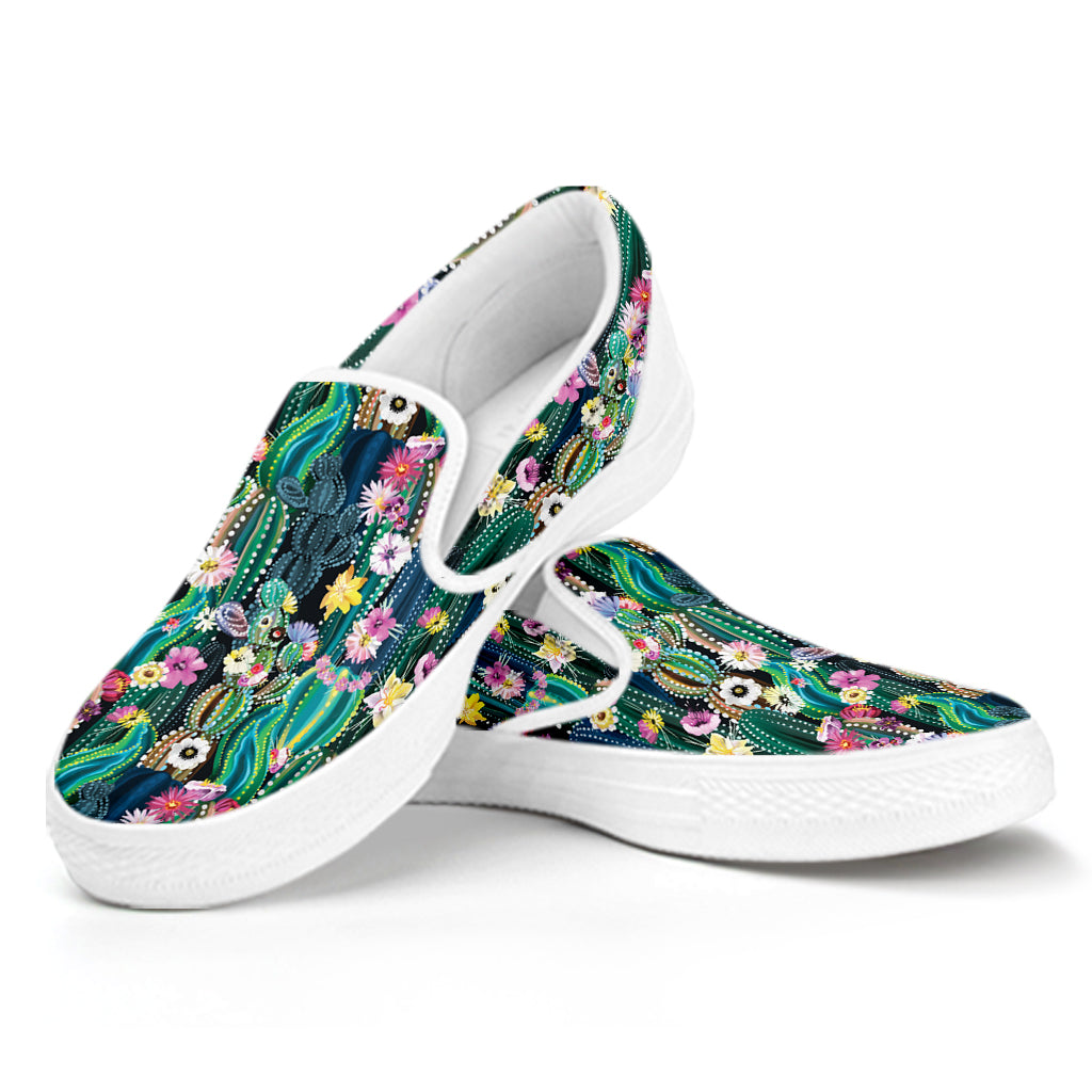 Watercolor Blooming Cactus Print White Slip On Shoes