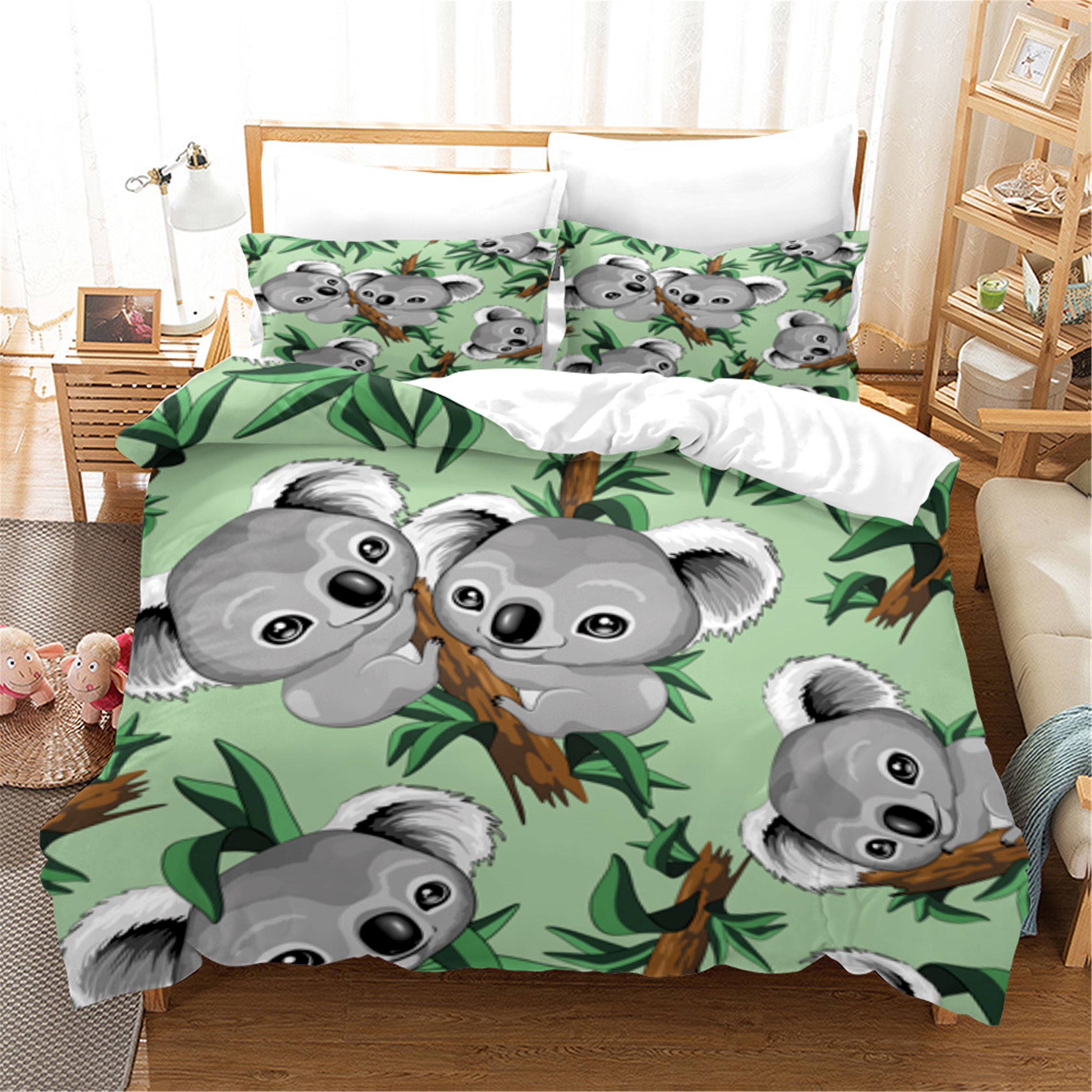 3D Cartoon Animal Koala Green Leaf Quilt Cover Set Bedding Set Duvet Cover Pillowcases 4