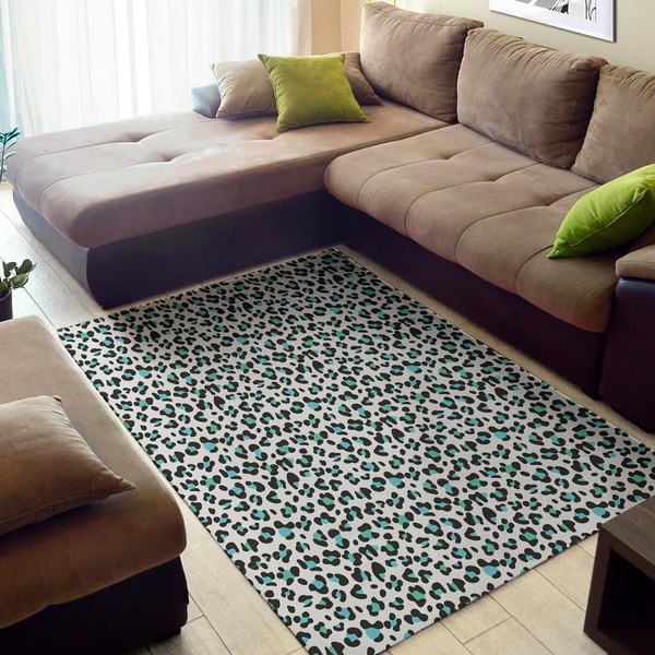 White And Teal Leopard Print Area Rug