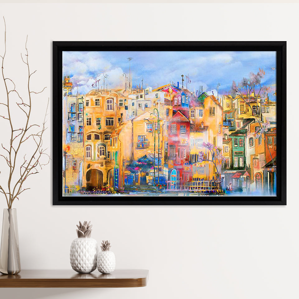 Colourful Town Water Colour Framed Canvas Print – Canvas Painting, Canvas Art, Wall Art, Wall Decor