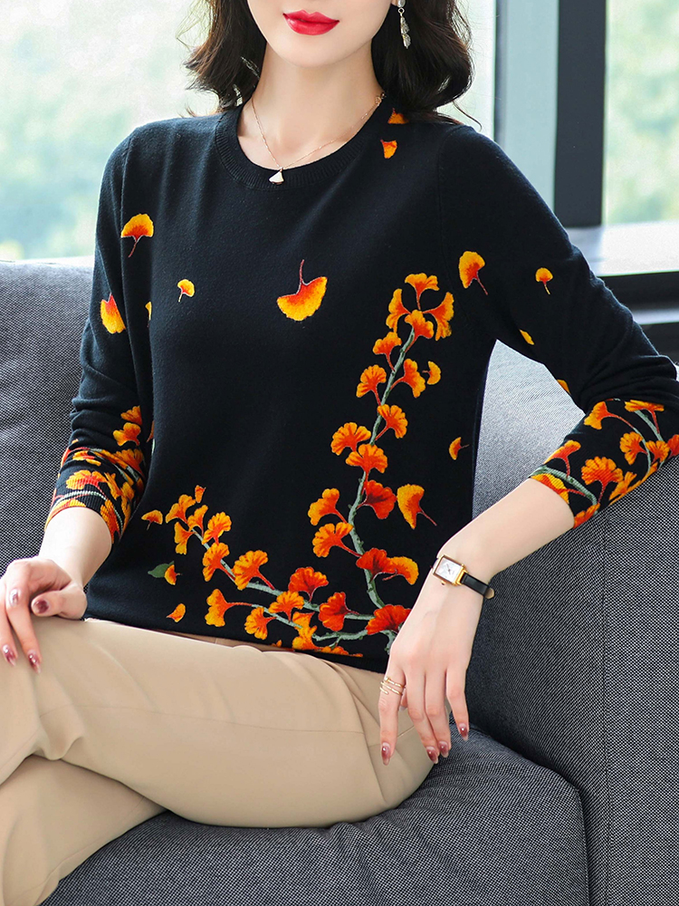 YISU Pullover Sweater Women Soft Loose O-Neck Knitted Sweaters Jumpers Female sycamore leaves printing leisure sweater Women alx