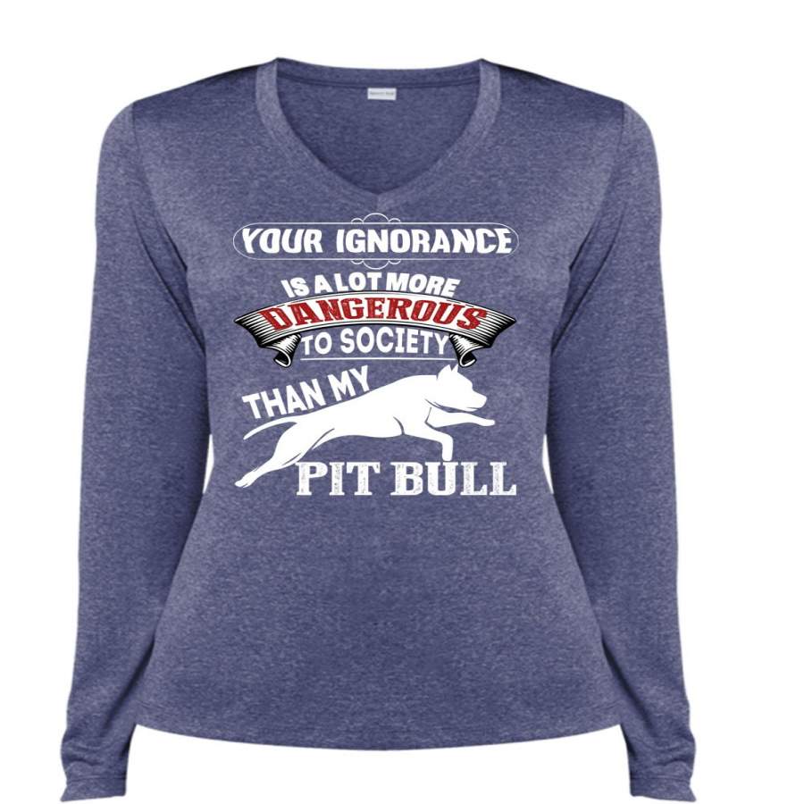 Your Ignorance Is A Lot More Dangerous T Shirt, I Love My Pit Bull T Shirt, Cool Shirt (Ladies LS Heather V-Neck)