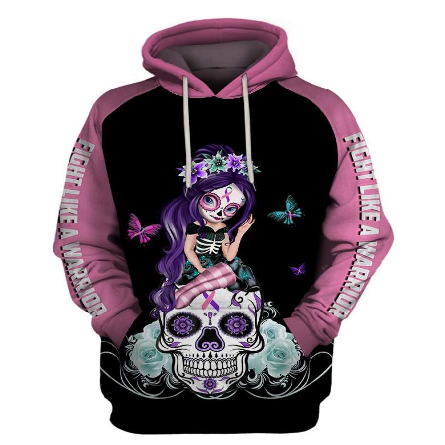 Fight Like A Warrior™ Pink Thyroid Cancer Sugar Skull Girl Awareness Hoodie