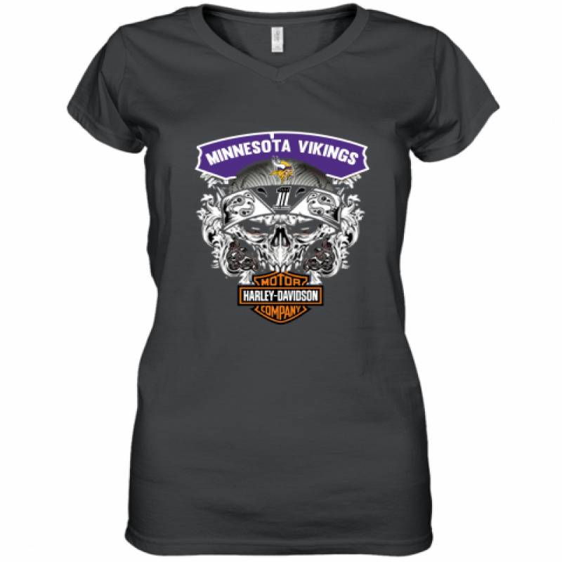 Skull Minnesota Vikings Harley Davidson shirt Women's V-Neck T-Shirt