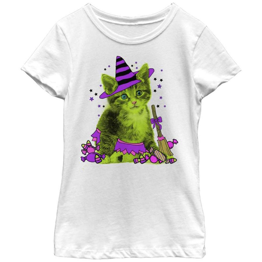 Lost Gods Girl’s Halloween Kitten Witch and Candy  T Shirt White