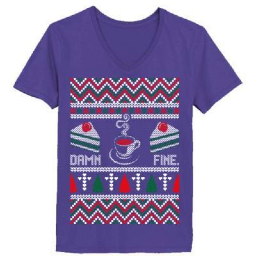 AGR Damn Fine Coffee Cake Ugly Christmas Ugly Sweater Xmas – Ladies’ V-Neck T-Shirt