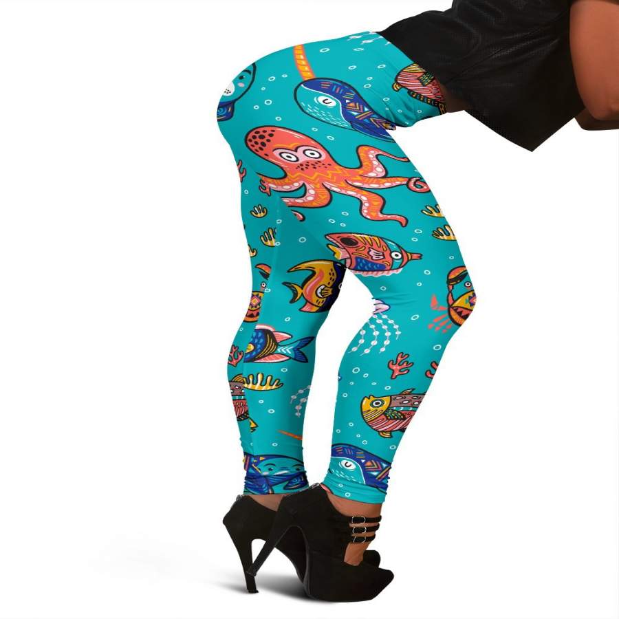 Manatee Whale Fish Octopus Pattern Print Women Leggings