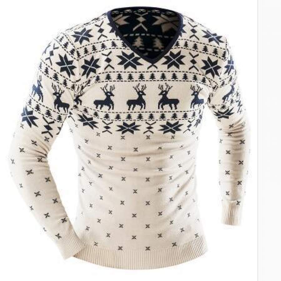 Men’S Fashion Animal Print Sweater Men Leisure Slim Pull Male V-Neck Long-Sleeved Sweater