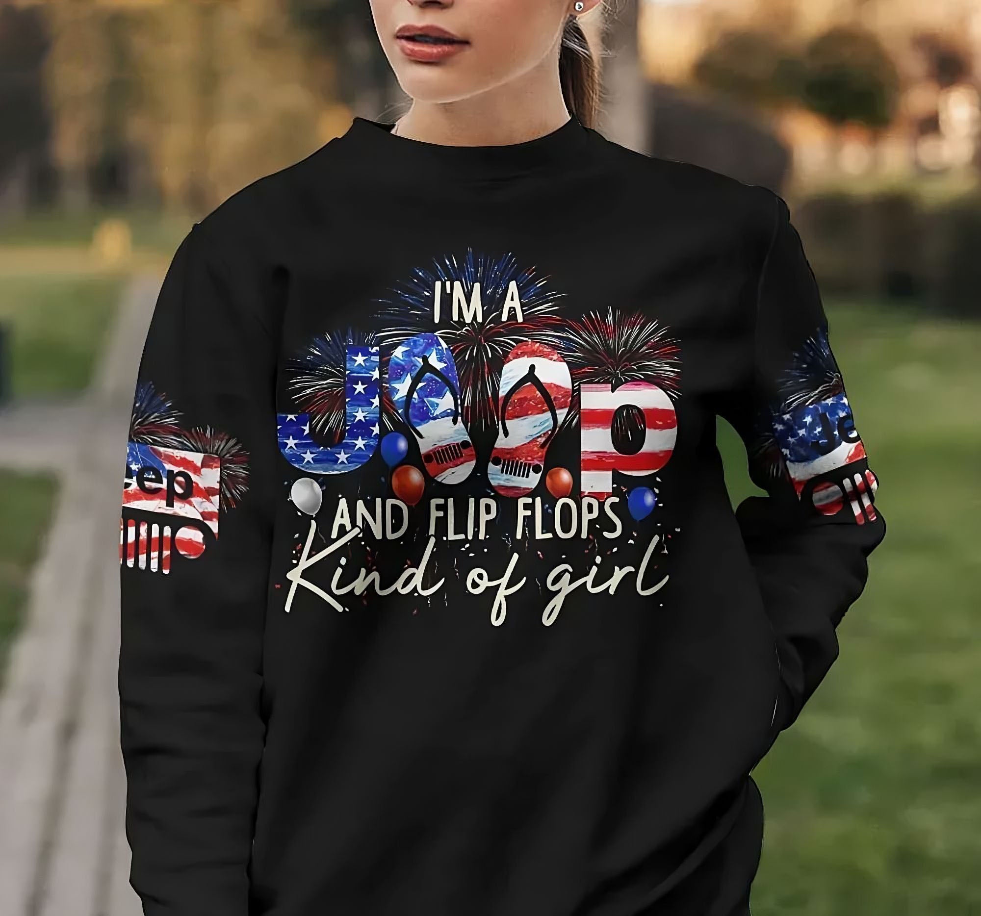 Jeep And Flip Flops Girl Independence Day All Over Print Sweatshirt