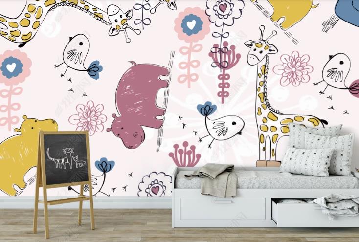 3D Hand Drawn Animal Floral Wall Mural Wallpaper Lqh 377