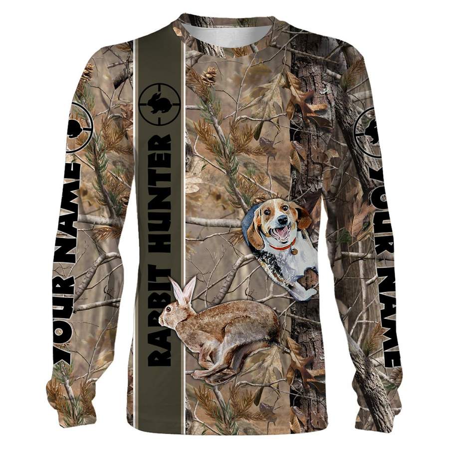 Rabbit hunting with beagles hunting dog camouflage custom Name 3D All over print T-shirt, Sweatshirt, Long sleeves, Hoodie – Personalized hunting gift for hunter Men, Women and Kid – FSD546