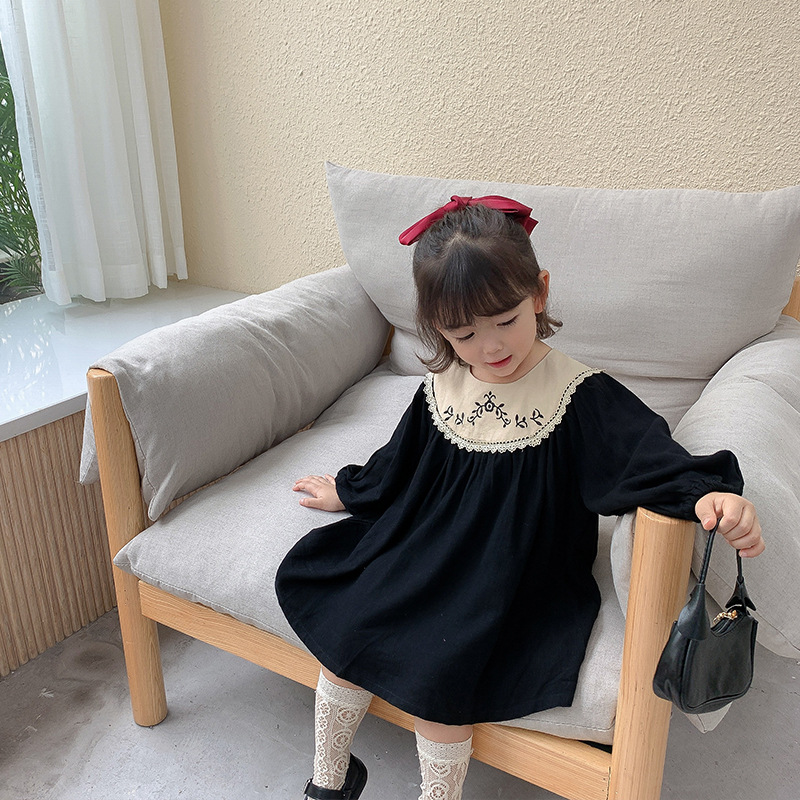 Autumn 2022 baby girls embroidery princess dress girl fashion long sleeve high quality black dresses alx