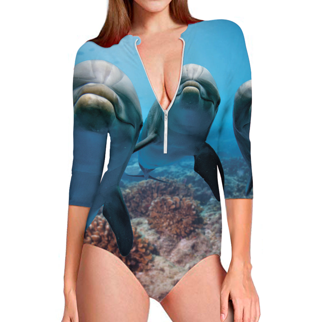 Cute Dolphins In The Ocean Print Long Sleeve One Piece Swimsuit