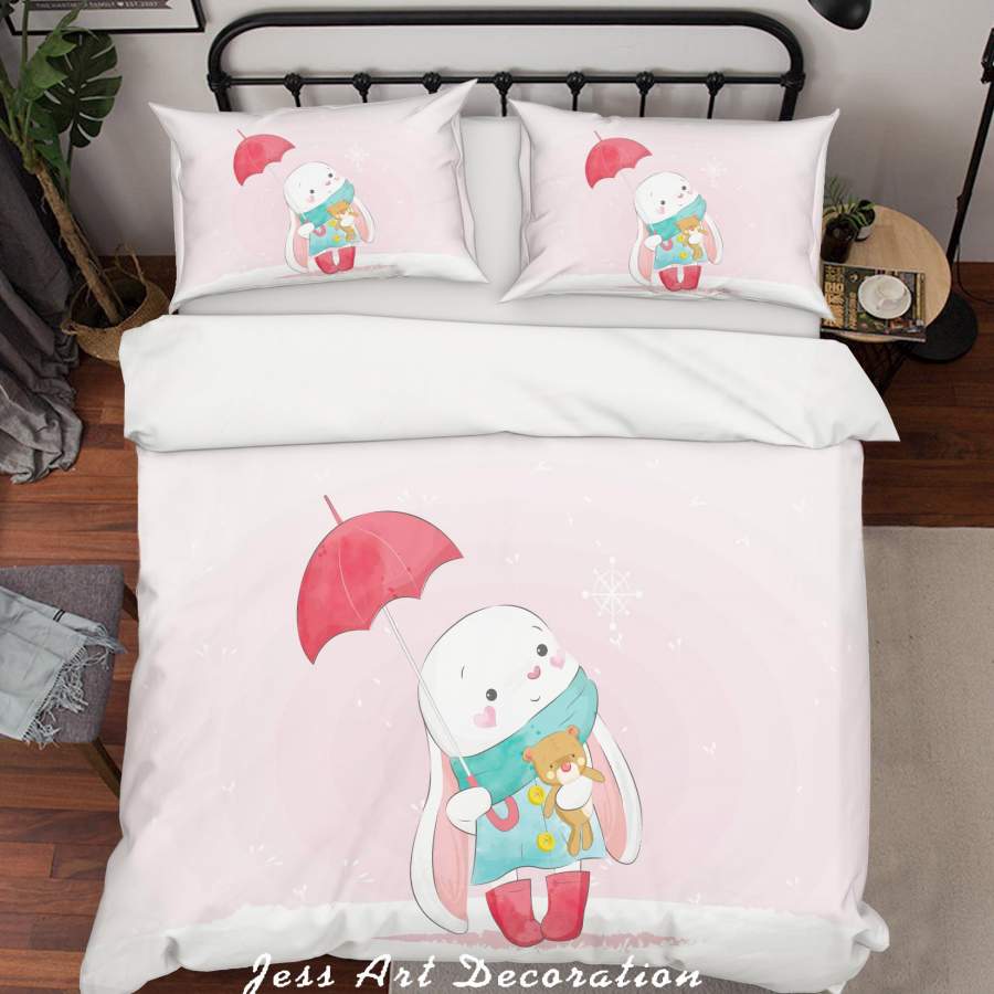 3D Pink Rabbit Umbrella Bear Quilt Cover Set Bedding Set Duvet Cover Pillowcases SF77