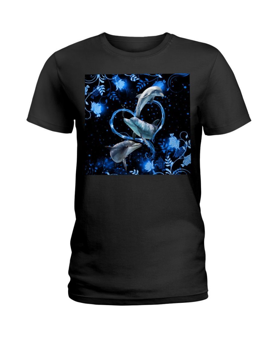 Dolphin Twinkling Blue Heart Black T-Shirt Hoodie All Color Size S-5Xl