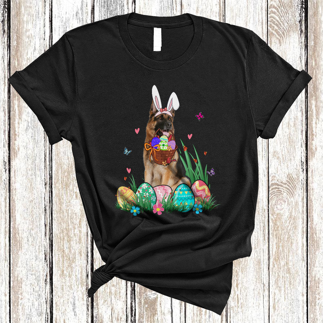 Bunny German Shepherd Dog With Easter Egg Basket Funny Easter Day Flower Egg Hunt Dog T-Shirt