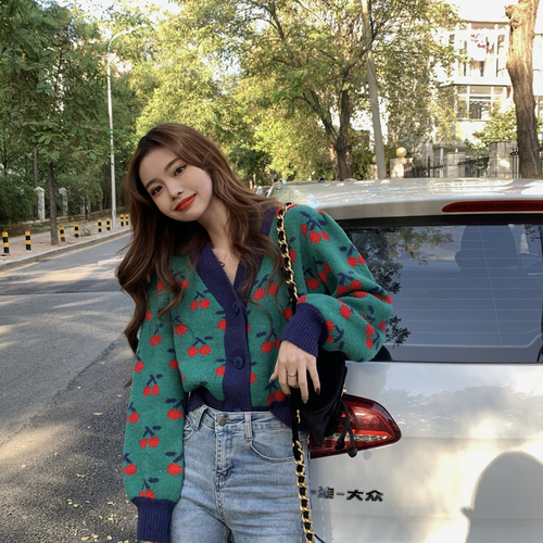 Cherry Crochet Cardigan Women Clothes Vinage Knitted Cropped Sweaters Female Loose Chic Pull Femme Korean Fashion Sueter alx