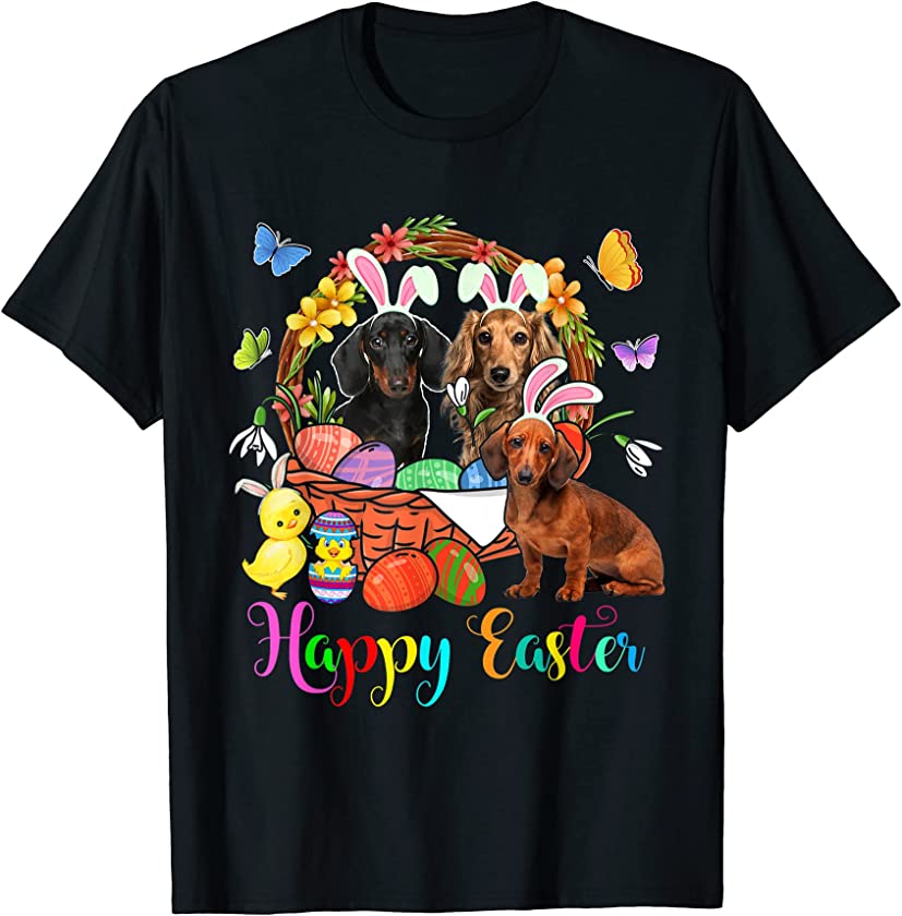 Three Bunny Dachshund Dogs In Easter Eggs Basket T-Shirt