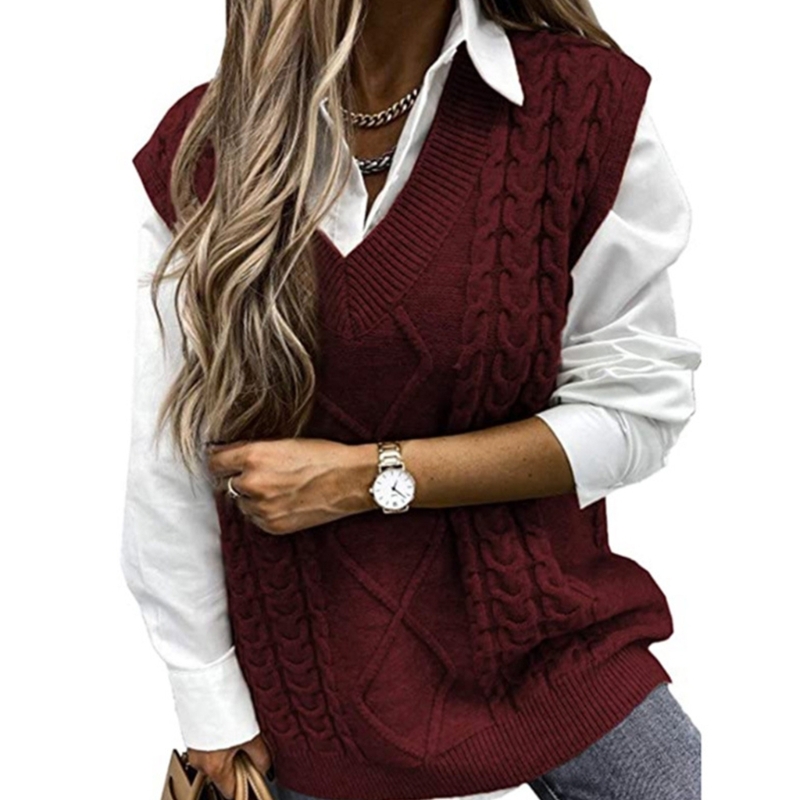 Womens V-Neck Sweater Oversize Cable Knitted Sleeveless Sweater Top Plaid Pattern Jumpers-Top Solid Color Loose Pullover alx