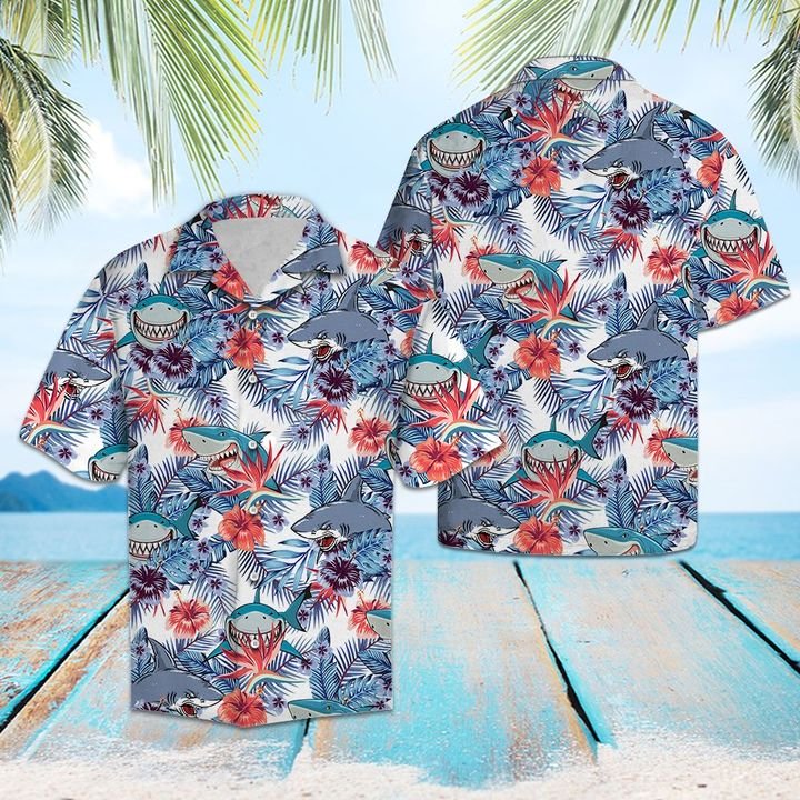 Shark Hibiscus Flower Hawaiian Shirt Summer Button Up For Men, Women, Couple