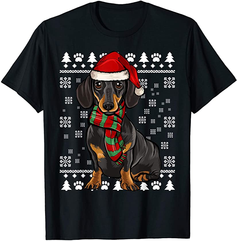 Black Dachshund Dog Santa Hat Xmas Ugly Christmas T-Shirt