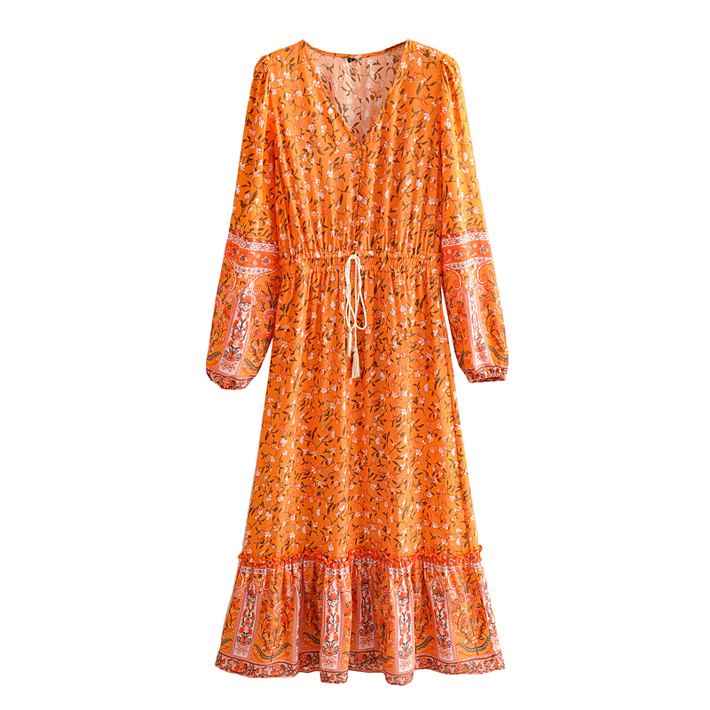 Boho Queens Women Orange Floral Print Elastic Waist Beach Bohemian Maxi Dresses Ladies Rayon Cotton Ethnic Summer Dress Robe alx