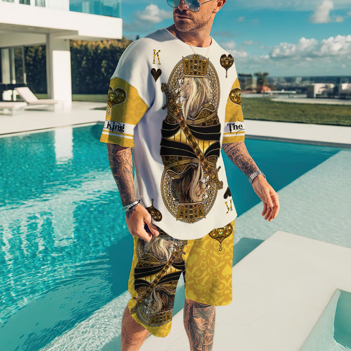 Yellow Alpha King Heart Lion 3D All Over Printed Combo T-Shirt Boardshorts