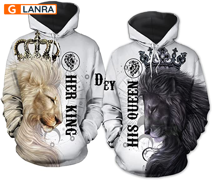 Personalized Her King His Queen Hoodie, Custom Lion Couple Hoodie, Matching Couple Hoodie, Husband Wife Hoodie, Unisex Sweater, Sweatshirt