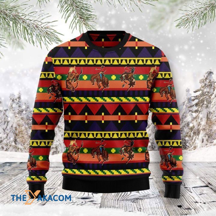 Yellow And Orange Pattern With Cowboy  Riding Horse Gift For Christmas Ugly Christmas Sweater