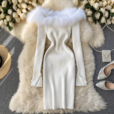 Women Knitted Dress 2021Autumn Winter Long Sleeve Off Shoulder White Sexy Party Dresses For New Year Furry Collar Elegant Robe alx