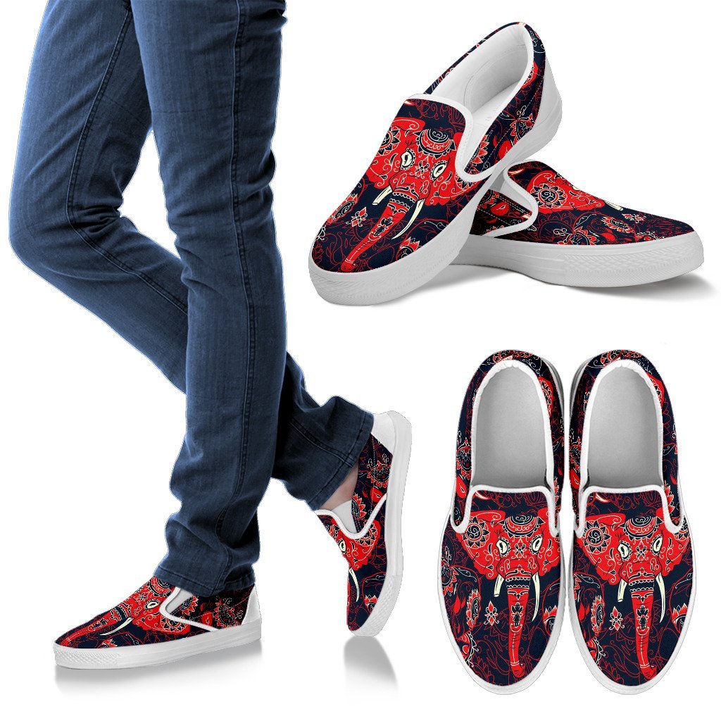 Red Indian Elephant Pattern Men Slip On Shoes