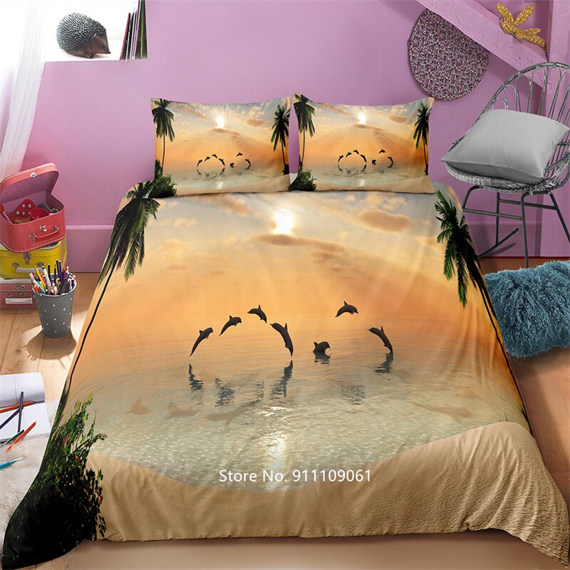 2-3 Piece Sea Moon Dolphin Sunset Pattern Cover Pillowcase Children And Adult Bedding Cover Single Double Queen King Size Duvet Covers