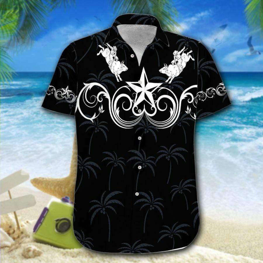 Hawaii Aloha Shirt Made In Bull Riding Black Star Western Ha39761