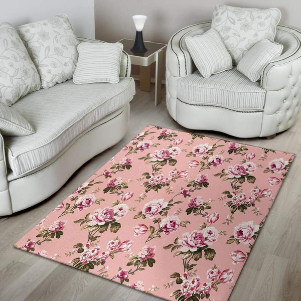 Pink Rose Floral Print Area Rug