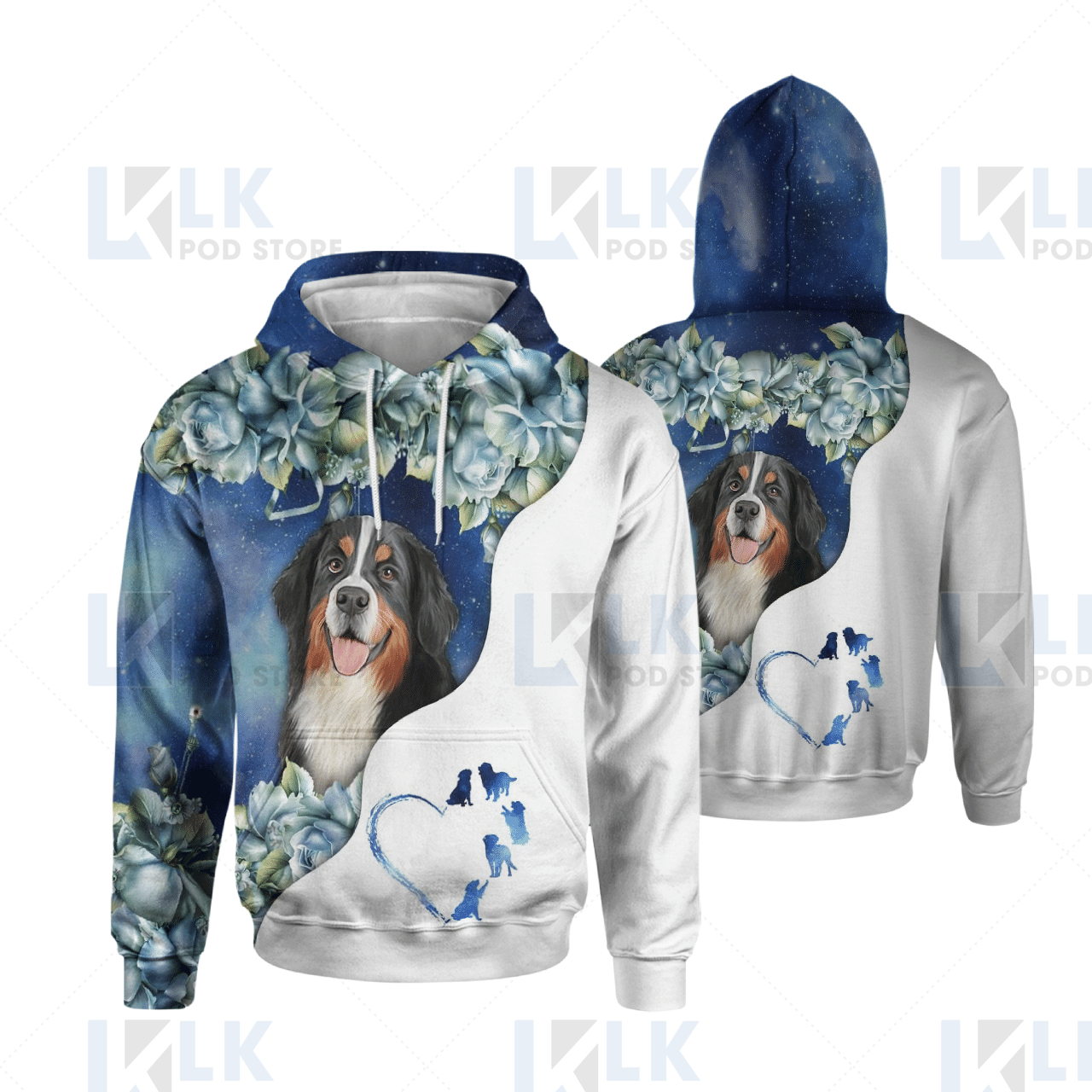 BERNESE MOUNTAIN DOG -HOODIE Half Curse Blue Flower [ID3-T]