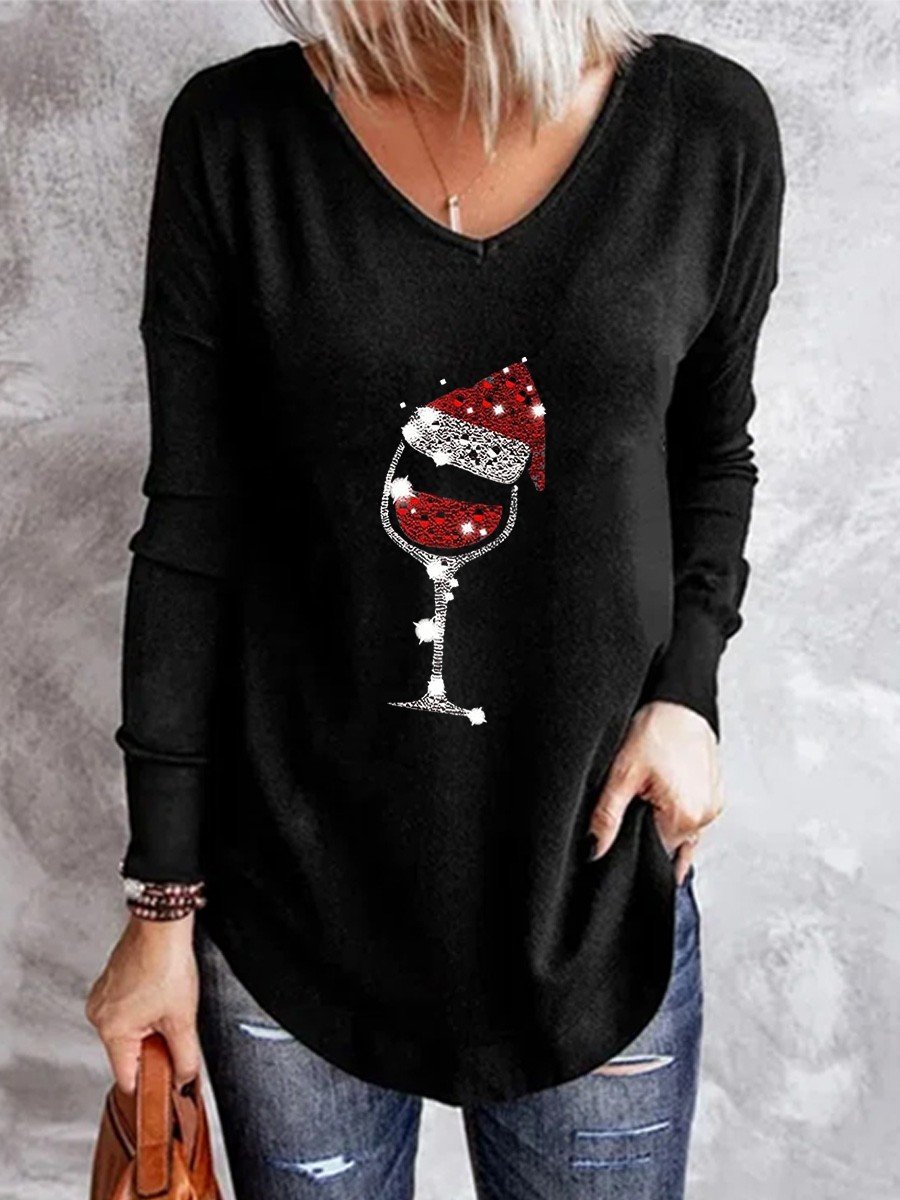 Women’S Santa Wine Glass Christmas V-Neck Long Sleeve T-Shirt