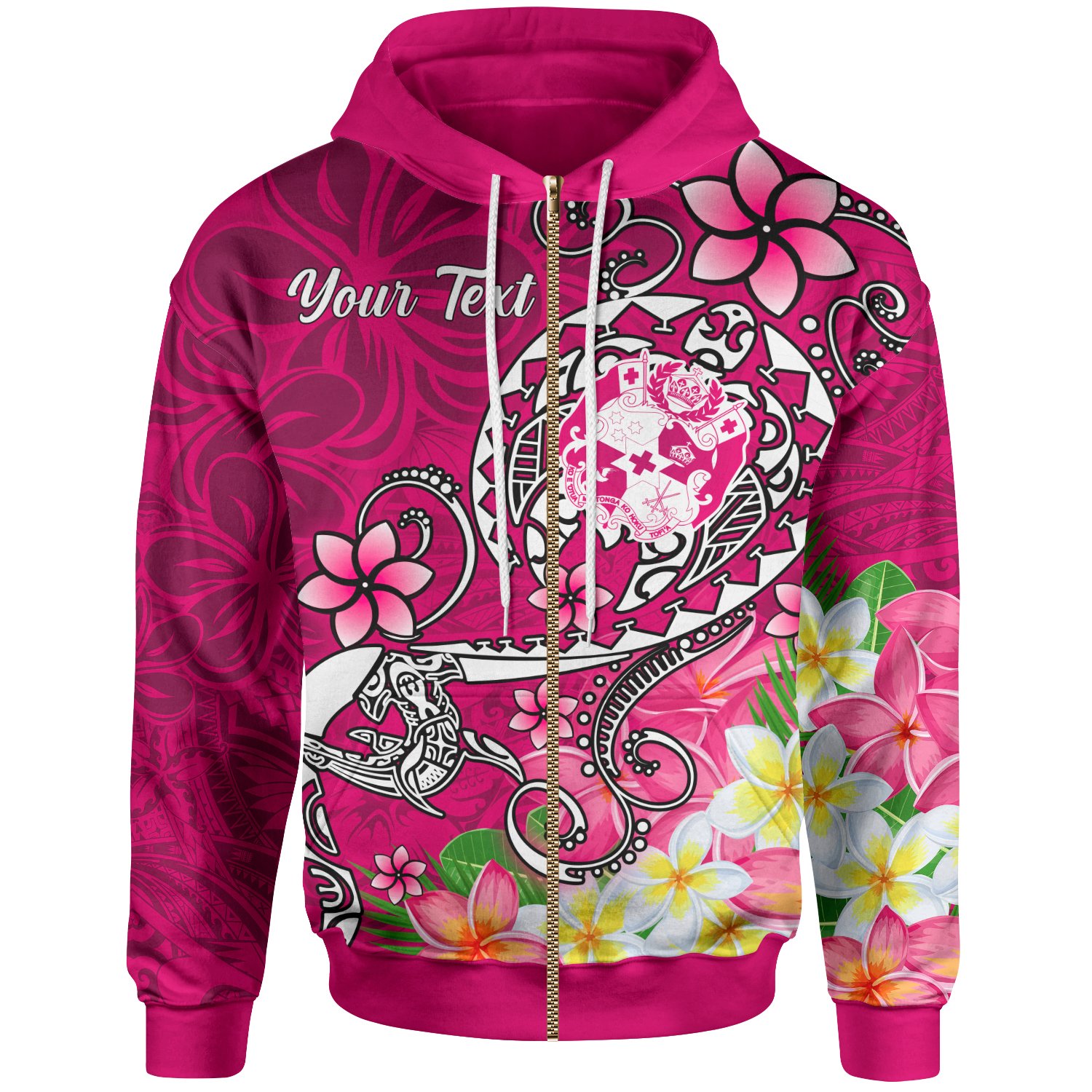 Tonga Custom Personalised Zip-Up Hoodie – Turtle Plumeria (PINK) – BN18